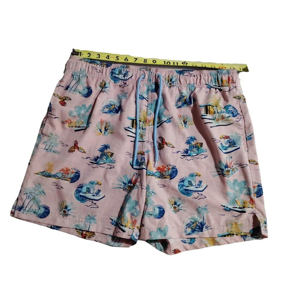George Mens Swim Trunks Large Pink Tropical Parrot Palm Tree Print Elastic Waist